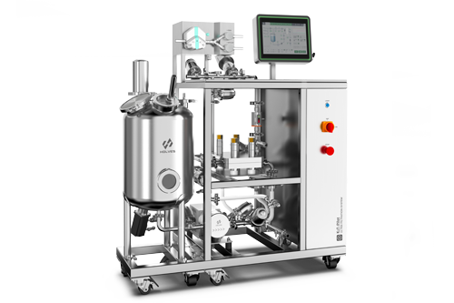 Sistema de filtração de fluxo tangencial K₂T-Pilot em skid móvel, com tanque em inox, bomba e painel de controle
