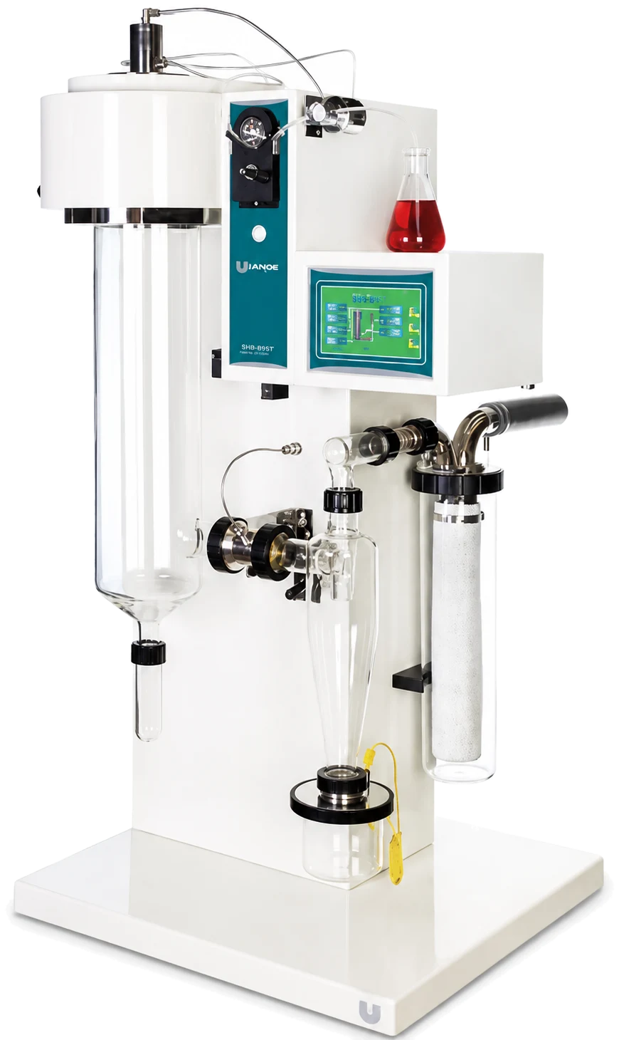 Unopex B15 Essential, mini spray dryer de bancada, com câmara de secagem em vidro, ciclone, frasco coletor e painel de controle com tela